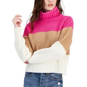 New Hippie Rose Colorblock Turtleneck Sweater - Pink, Tan, and White